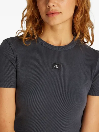Calvin Klein Ribbed Logo-patch T-shirt In Gray