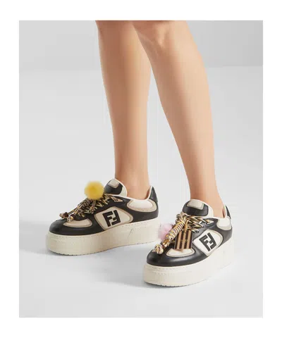 Fendi Black And White Leather Platform Low-tops In Multi