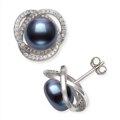 Belacqua Black Button Pearl & Cubic Zirconia Halo Stud Earrings In Sterling Silver For Women In Black