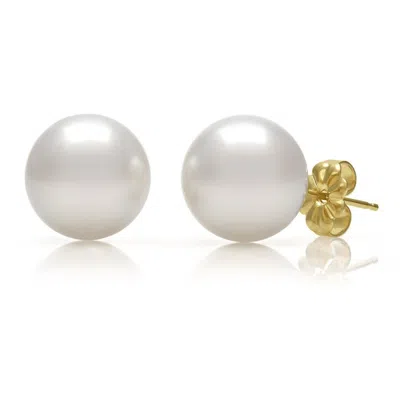Belacqua White Cultured Freshwater 10-10.5mm Button Pearl Stud Earrings In 14k Yellow Gold For Women In White