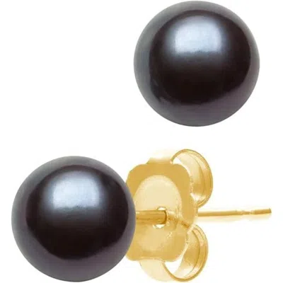 Belacqua 10-10.5mm Freshwater Black Button Pearl Stud Earrings In 14k Yellow Gold Jewelry For Women In Black