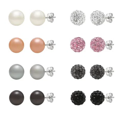 Belacqua 7-8mm Freshwater Button Pearl Crystal Stud Earrings Set In Sterling Silver For Women