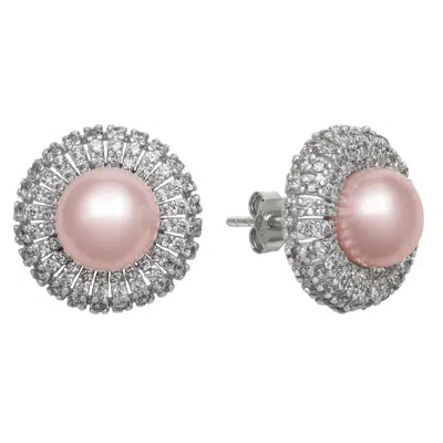 Belacqua Pink Freshwater Button Pearl Cubic Zirconia Halo Stud Earrings In Sterling Silver For Women In Pink