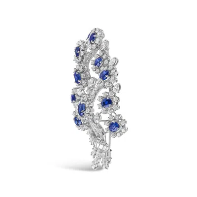 Haus Of Brilliance Platinum Blue Sapphire And 12.00 Cttw Diamond Floral Bouquet Brooch Pin In White