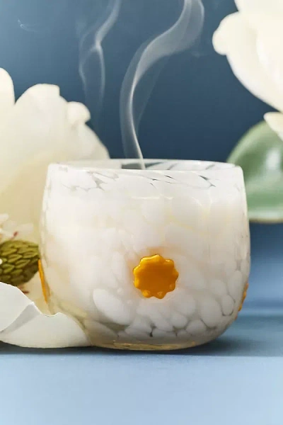 Anthropologie Bright Sun Floral Sun-drenched Magnolia Spring Icon Glass Candle In White