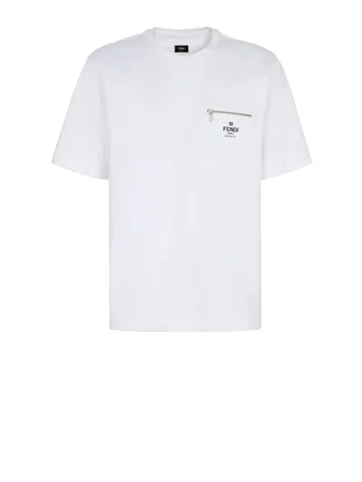 Fendi Men White Crewneck T-shirt With Log Print On The Front In Cotton Man