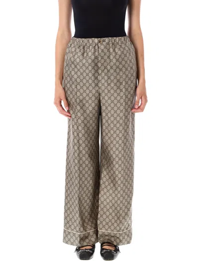 Gucci Gg Supreme Print Silk Trouser In Green