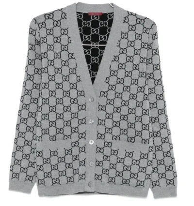 Gucci Gg Monogram Wool Reversible Cardigan In Gray