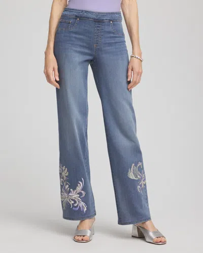 Chico's Petite Embroidered Pull-on Wide-leg Jeans In Soraya Indigo