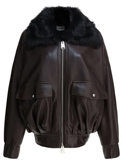 Khaite Daemon Oversized Leather Jacket With Shearling Collar In Brown