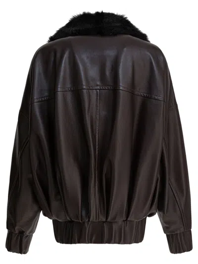 Khaite Daemon Oversized Leather Jacket With Shearling Collar In Brown