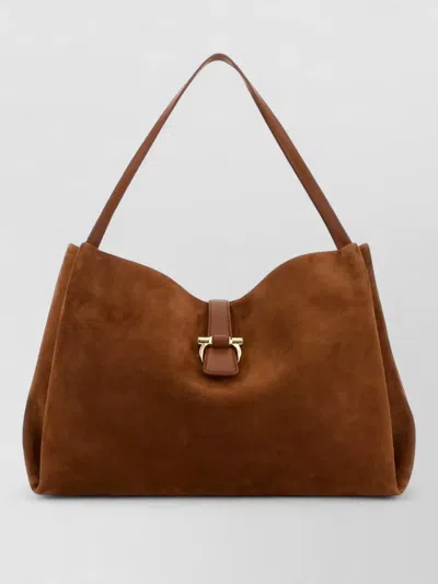 Ferragamo Brown Shoulder Bag With Two Top Handles And Gancini Plaque On The Front In Suede Woman In Brown