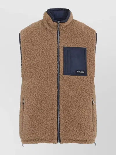 Miu Miu Shearling Texture High Neck Front Pocket Jacket In Brown
