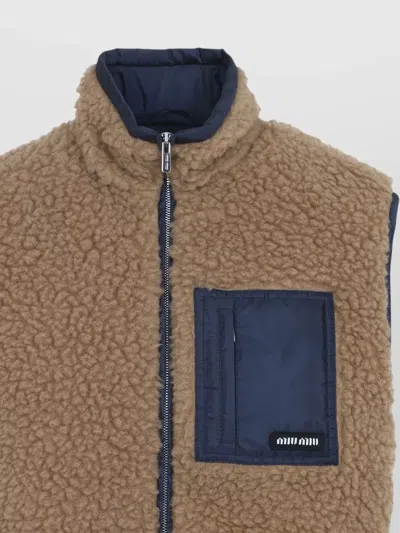 Miu Miu Shearling Texture High Neck Front Pocket Jacket In Brown