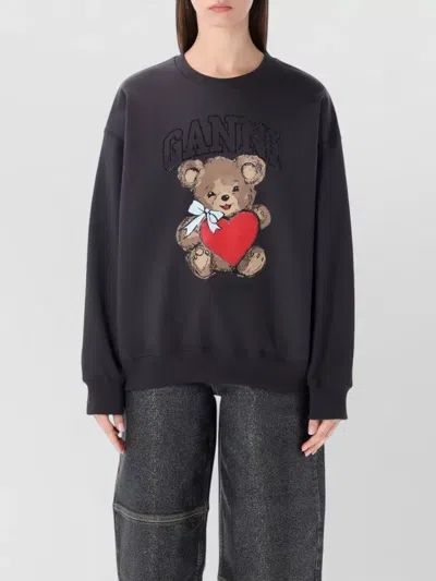 Ganni Crewneck Sweatshirt Bear Graphic Rhinestones Message In Black