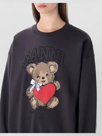 Ganni Crewneck Sweatshirt Bear Graphic Rhinestones Message In Black
