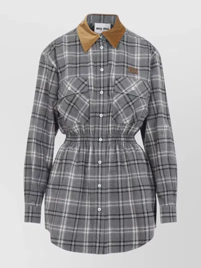 Miu Miu Dress Elasticated Waist Long Sleeves Checks Collar In Gray