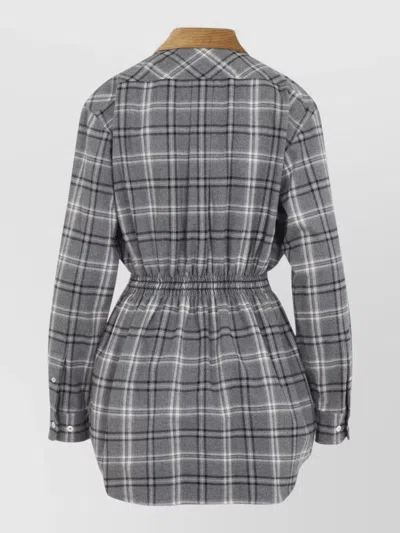 Miu Miu Dress Elasticated Waist Long Sleeves Checks Collar In Gray
