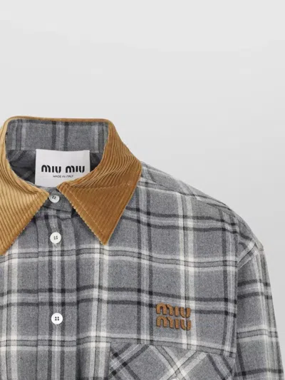 Miu Miu Dress Elasticated Waist Long Sleeves Checks Collar In Gray