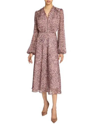 Santorelli Amal Printed Georgette Long Sleeve Fit And Flare Midi Dress In Brown