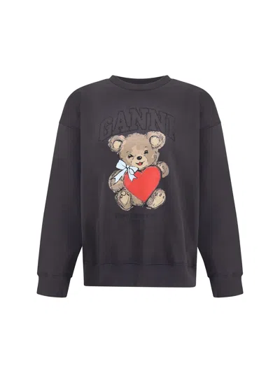 Ganni Crewneck Sweatshirt Bear Graphic Rhinestones Message In Black