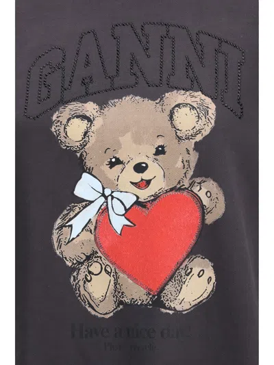Ganni Crewneck Sweatshirt Bear Graphic Rhinestones Message In Black