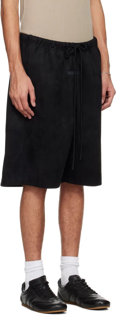Essentials Black Holiday Faux-suede Fleece Relaxed Shorts In Black
