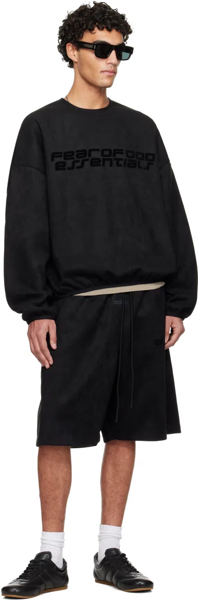 Essentials Black Holiday Modern Crewneck Faux-suede Sweatshirt In Black