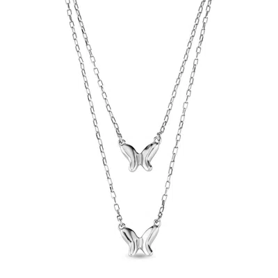 Unode50 Double Sterling Silver Metal Alloy Chain. Central Butterflies, Carabiner Clasp And Extension In Metallic