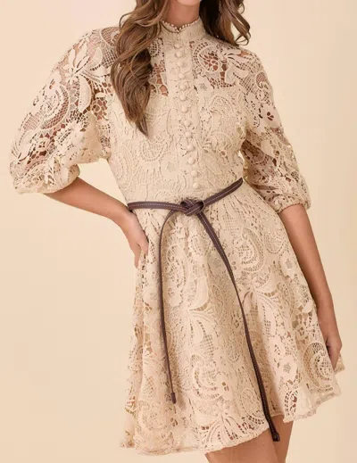 Zimmermann Waverly Belted Lace Mini Dress In Nude In Brown