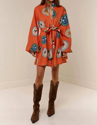 Palm Noosa Austin Orange Plates Flounce Linen Mini Dress In Orange