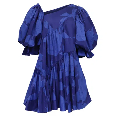 Aje Casabianca One-shoulder Mini Tiered Dress In Blue Cotton In Multi