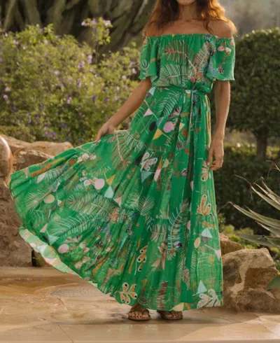 Soler Thalia Flair Sleeve Ankle Maxi Dress In Petit Palmera Emerald In Multi