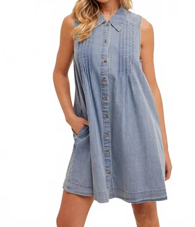 Hem & Thread Pleat Detail Collared Button Down Tencel Swing Dress In Denim In Blue
