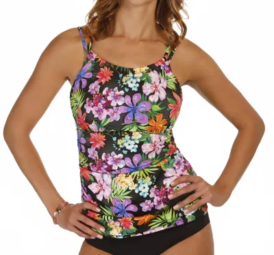 Caribbean Joe Sunkissed Tropical Shirred High Neck Tankini Top In Joe Tropical In Black