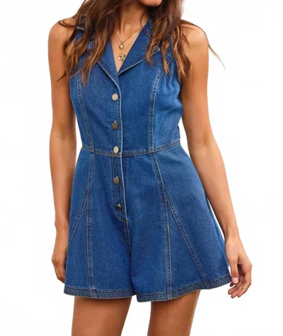 Mustard Seed Flounce Romper In Washed Denim In Blue