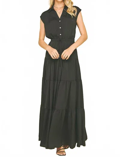 Pinch Women's Satin Button Down Tiered Maxi Dress In Black In Black