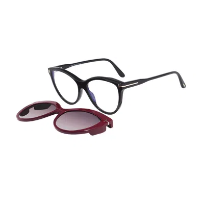 Tom Ford Eyeglasses Cat Eye Full Rim, Vintage Dark Havana Frame And Blue Block With Black Magnetic Clip-on Sm In Multi