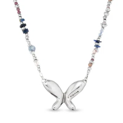 Unode50 Sterling Silver Metal Alloy Necklace, Multicolored Handmade Crystals And Medium Butterfly In Brown