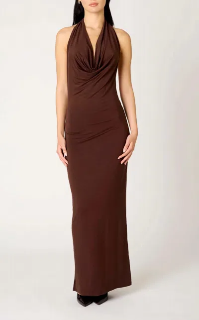 Place Showroom Halter Cowl Neck Bodycon Maxi Dress In Chocolate In Brown
