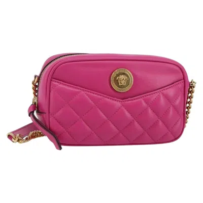 Pre-owned Versace Medusa Icon Front Slip Pocket Camera Bag Quilted Leather Leather Shoulder Bag Bag () In Pink