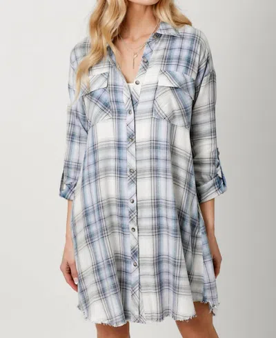 Mystree Rolled Up Sleeve Washed Plaid Mini Dress In Blue In Blue
