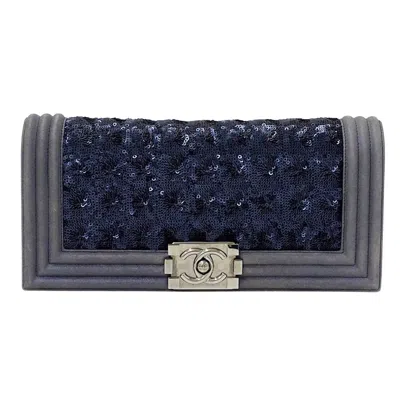 Pre-owned Chanel Navy Spangles Coated Canvas Clutch Bag () In Blue