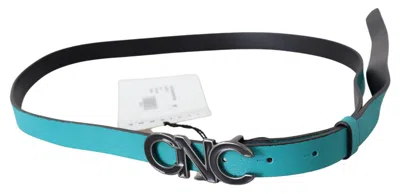 Costume National Blue Green Leather Logo Silver Buckle Belt In Blue