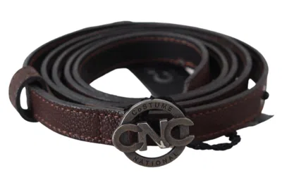 Costume National Brown Skinny Leather Round Logo Buckle Belt In Brown