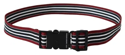 Costume National Maroon Black Stripe Silver Black Buckle Belt In Burgundy