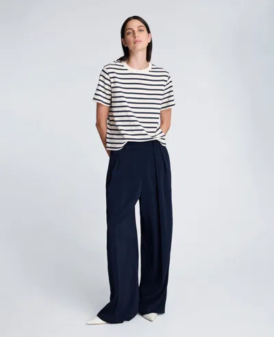 Kenneth Cole Luxe Twill Fly Front High Rise Boyfriend Wide Leg Pant In Blue