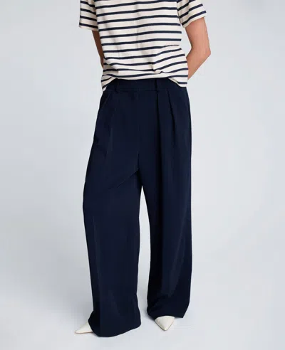 Kenneth Cole Luxe Twill Fly Front High Rise Boyfriend Wide Leg Pant In Blue