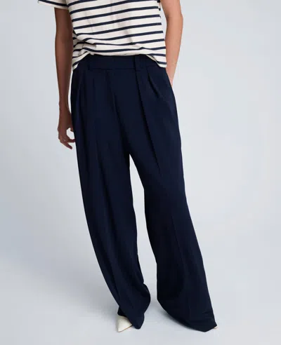 Kenneth Cole Luxe Twill Fly Front High Rise Boyfriend Wide Leg Pant In Blue