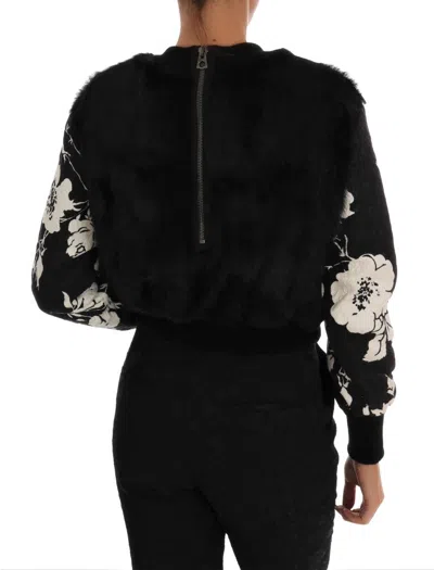 Dolce & Gabbana Black Fur Floral Brocade Zipper Women's Sweater In Black